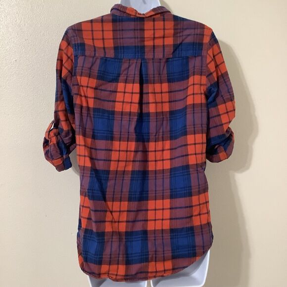Jack's Girlfriend Blue Orange Plaid Flannel Cotton Country Button Up Shirt Small - Picture 4 of 9